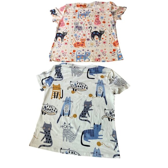 2 Cat Print T-Shirts Womens Short Sleeve 1XL - Picture 2 of 9